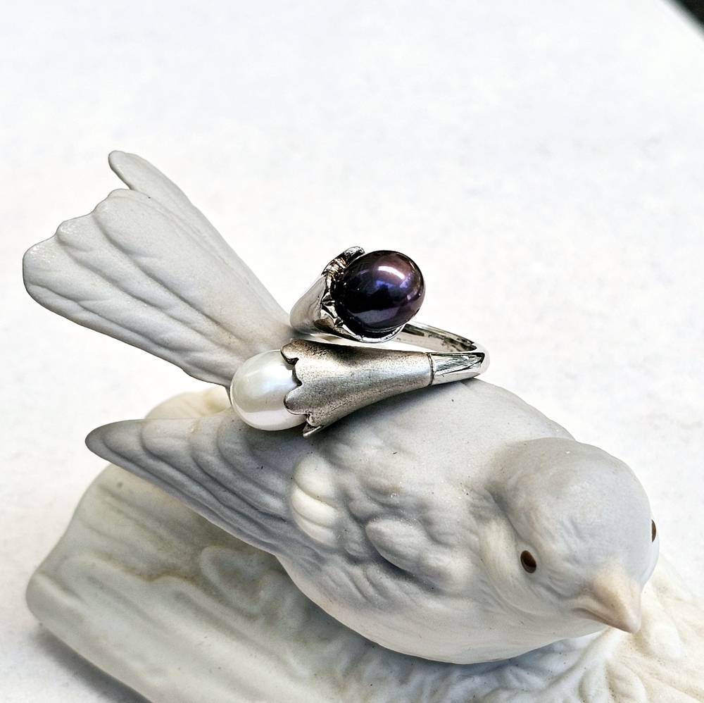Akoya & Tahitian Pearl 925 Sterling Silver Bypass Ring TARA T&S *RARE